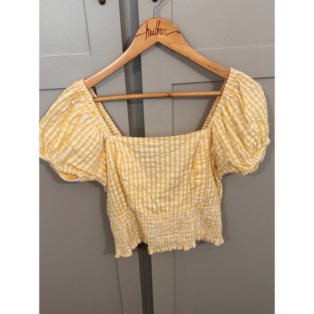 Yellow Gingham Puff Sleeve Crop Top Cotton Smocked‎ Lace Up Back Blouse Womens